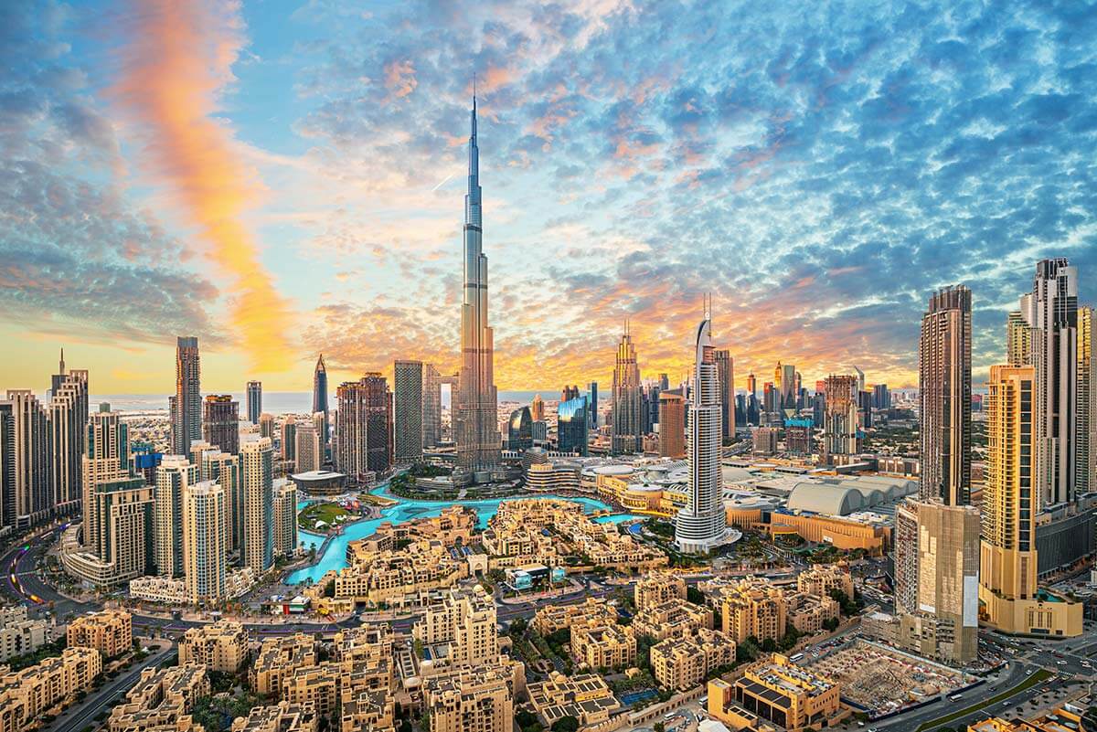 Downtown Dubai with Burj Khalifa at sunset